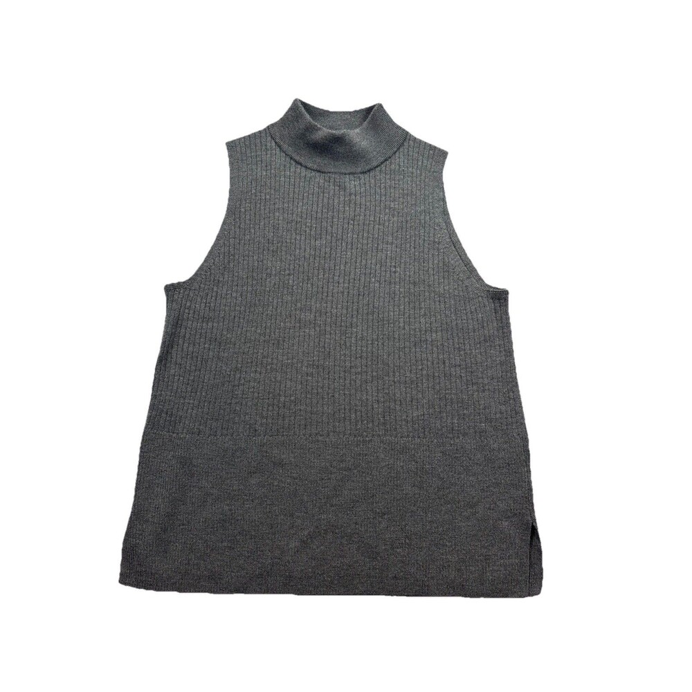 Halston Merino Wool Sweater Vest Womens M Medium Gray Mock Neck Ribbed
